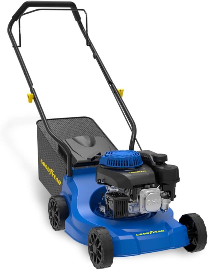 Kosiarki rotacyjne Goodyear, 2,5 kW – 39 cm, 35 l, Niebieski/Czarny, regulowana wysokość – składana konstrukcja, Kosiarka benzynowa OHV 4T - 132 cm3