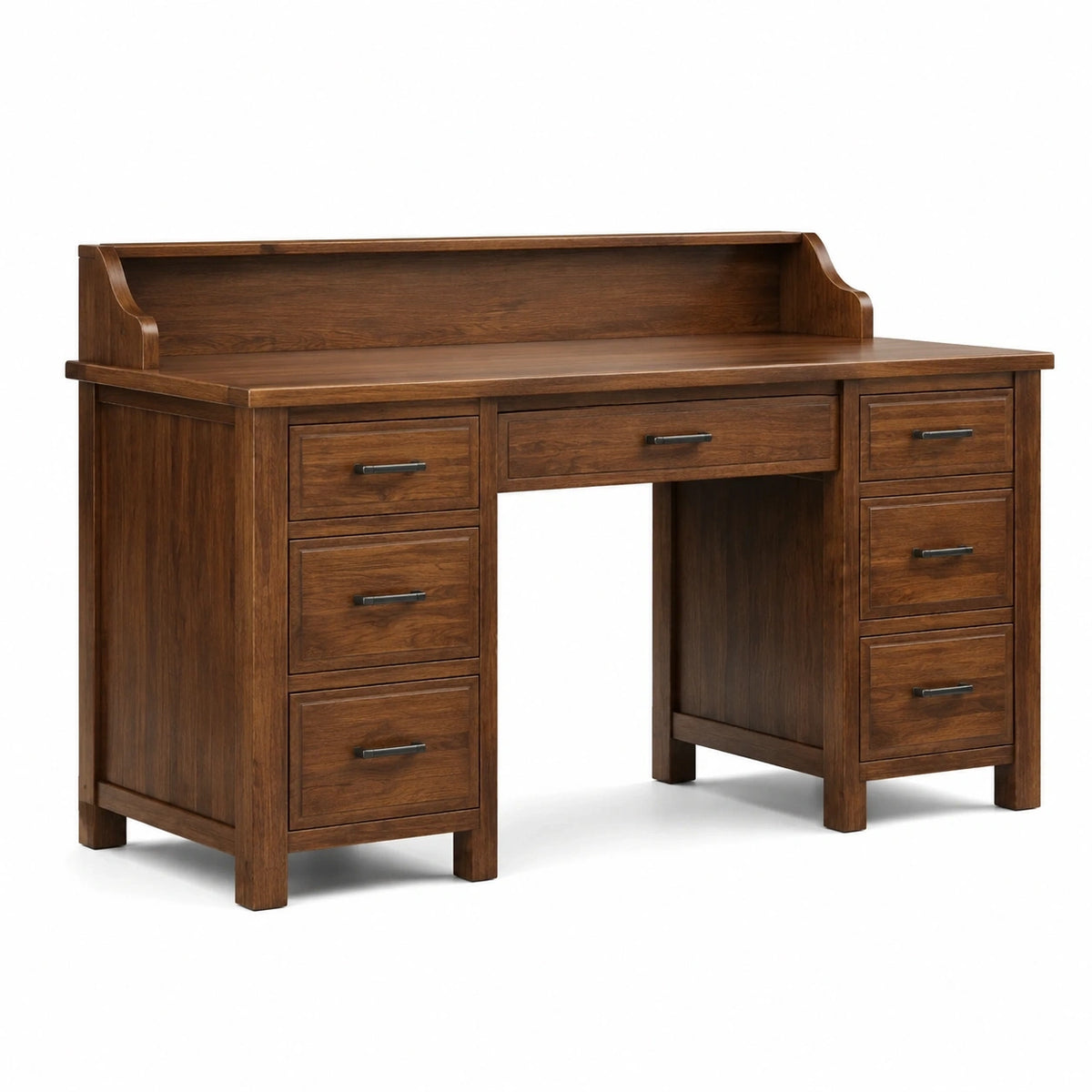 Holzschreibtisch mit Aufsatz und 7 Schubladen, 150 × 65 × 110 cm, Dunkelbraun/Schwarz