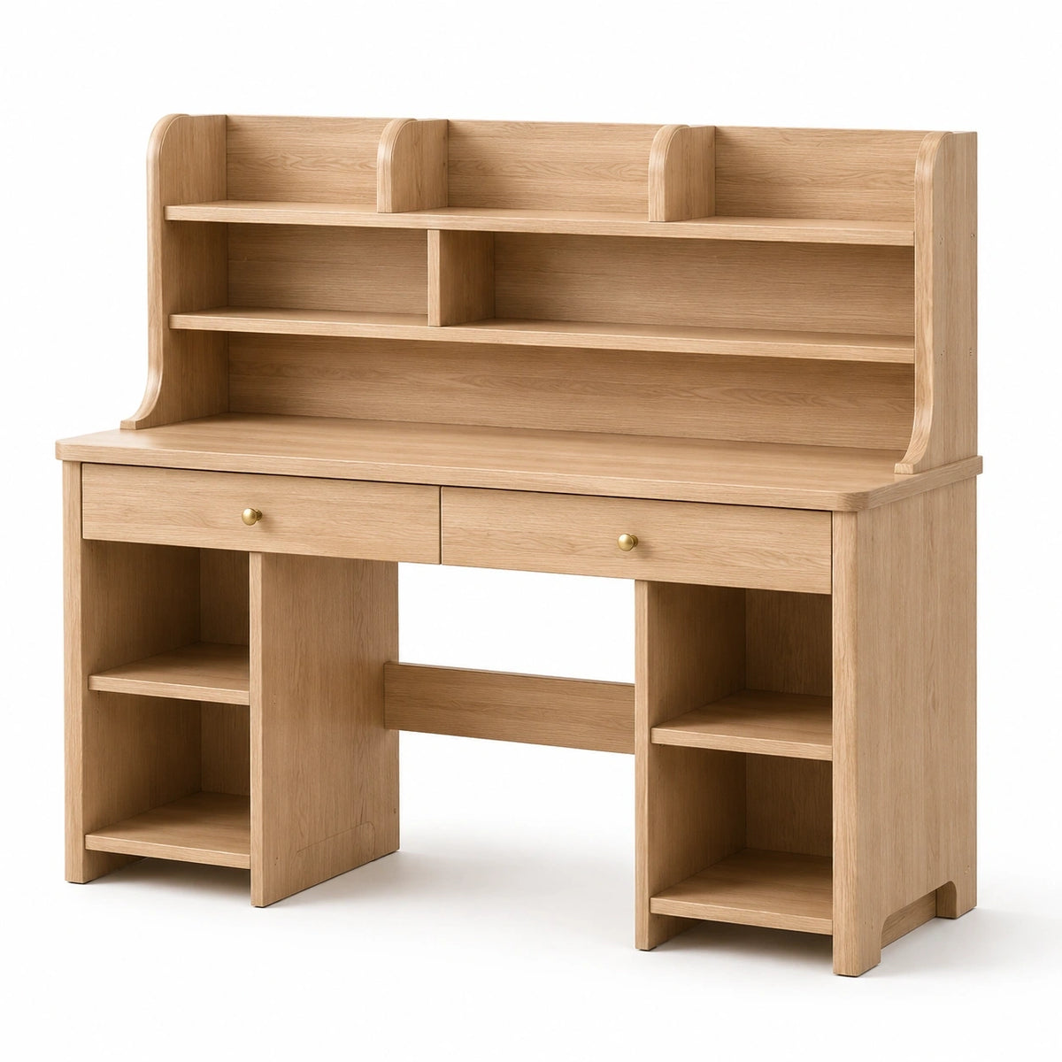 Schreibtisch mit Aufsatz, 120 × 60 × 150 cm, Natur/Goldfarben, 2 Schubladen und offene Fächer