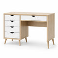 Schreibtisch mit 5 Schubladen, 110 × 50 × 75 cm, Holzwerkstoff, Eiche hell/Weiß, skandinavischer Stil