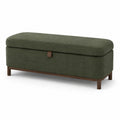 Gepolsterte Sitzbank mit Stauraum, 120 × 45 × 48 cm, Strukturstoff in Olivgrün, Holzgestell in Braun