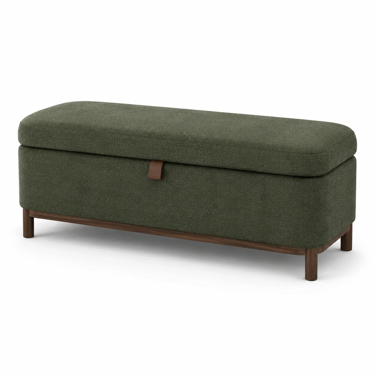 Gepolsterte Sitzbank mit Stauraum, 120 × 45 × 48 cm, Strukturstoff in Olivgrün, Holzgestell in Braun
