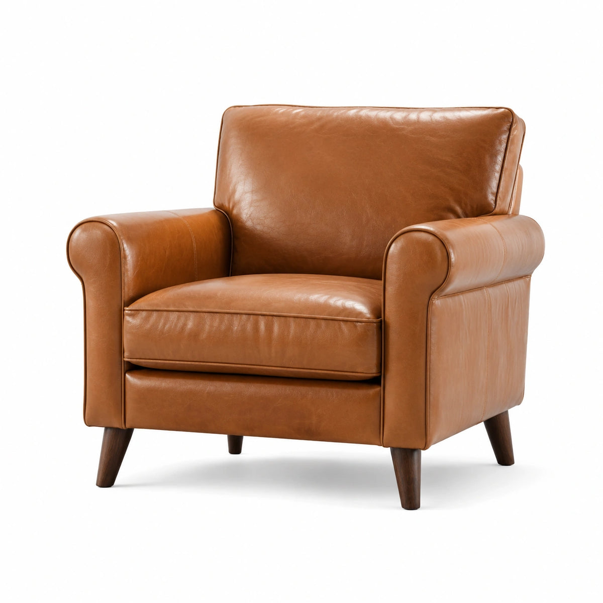 Retro-Polstersessel aus Kunstleder in Cognacbraun mit dunkelbraunen Holzfüßen, 98 × 90 × 88 cm