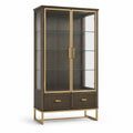 Vitrinenschrank mit 2 Glastüren, 3 Glasböden und 2 Schubladen, Dunkelbraun/Gold/Transparent, 100 × 40 × 190 cm