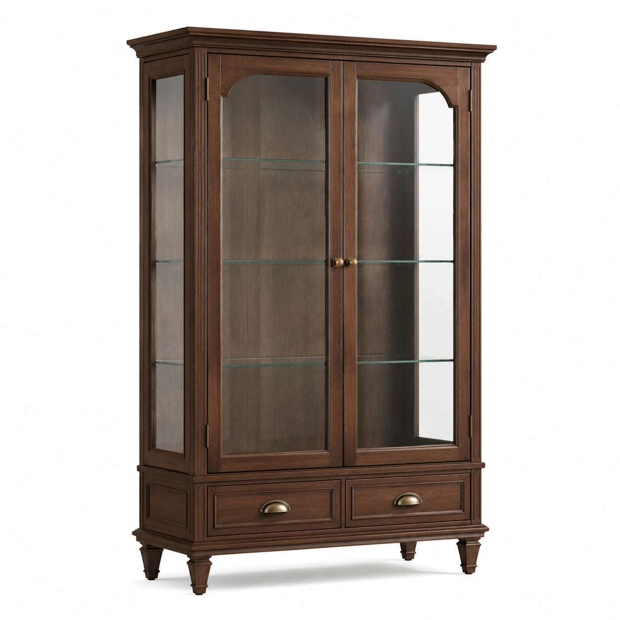 Klassischer Vitrinenschrank mit Glastüren, 3 Glasböden und 2 Schubladen, Dunkelbraun, 110 × 42 × 190 cm