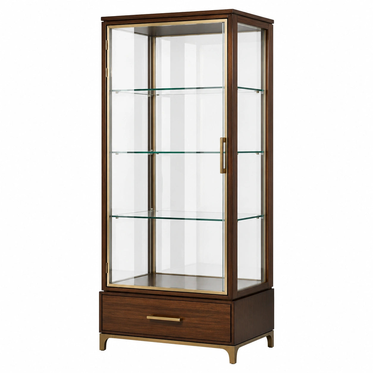 Klassischer Vitrinenschrank aus Glas und Holzwerkstoff, Braun/Goldfarben/Transparent, 80 × 40 × 190 cm, mit Schublade und 3 Glasböden