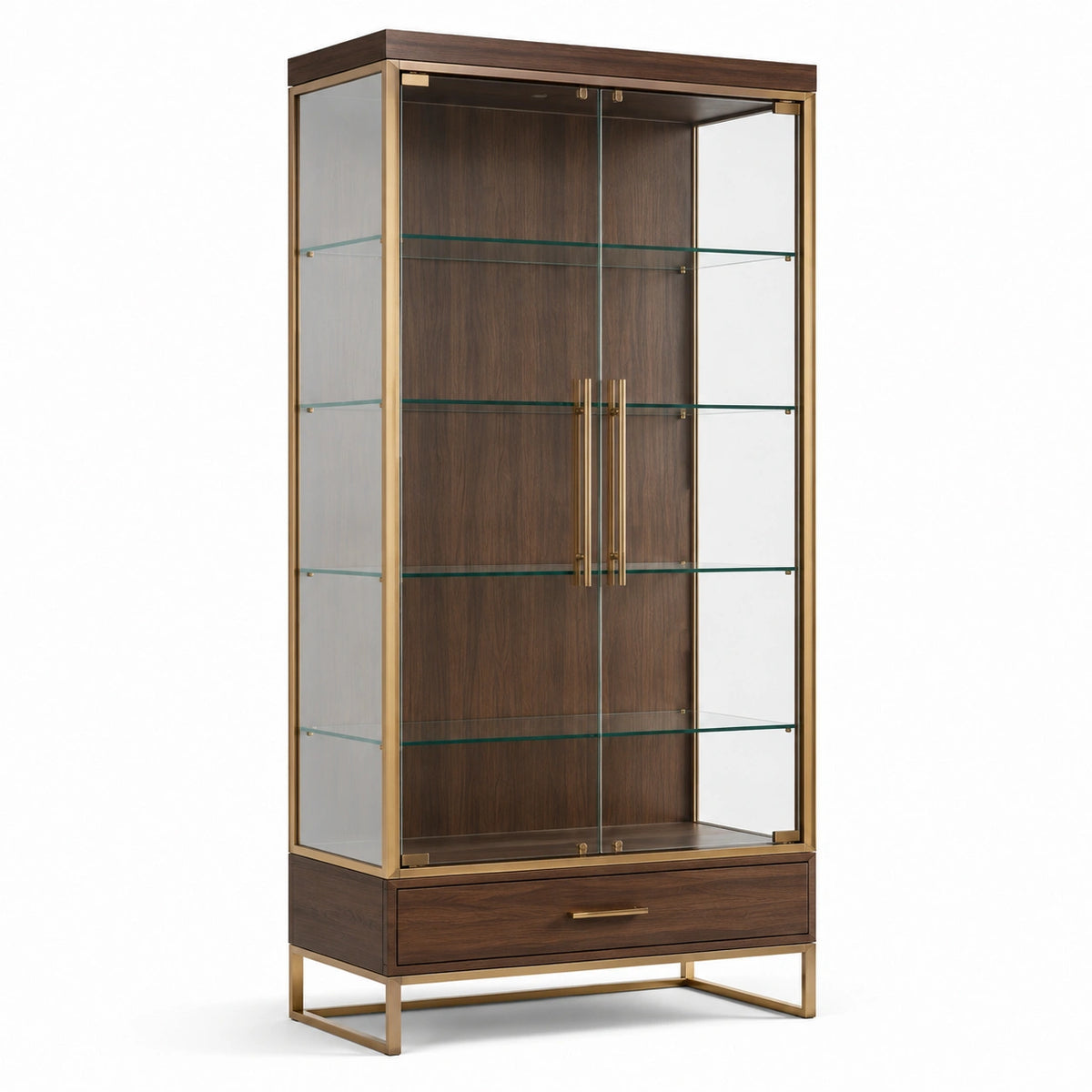 Vitrinenschrank mit 2 Glastüren, 4 Glasböden und Schublade, Dunkelbraun/Gold/Transparent, 100 × 42 × 190 cm