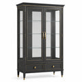 Vitrinenschrank Schwarz und Gold, 110 × 42 × 190 cm, mit 2 Glastüren, Glasböden und 2 Schubladen