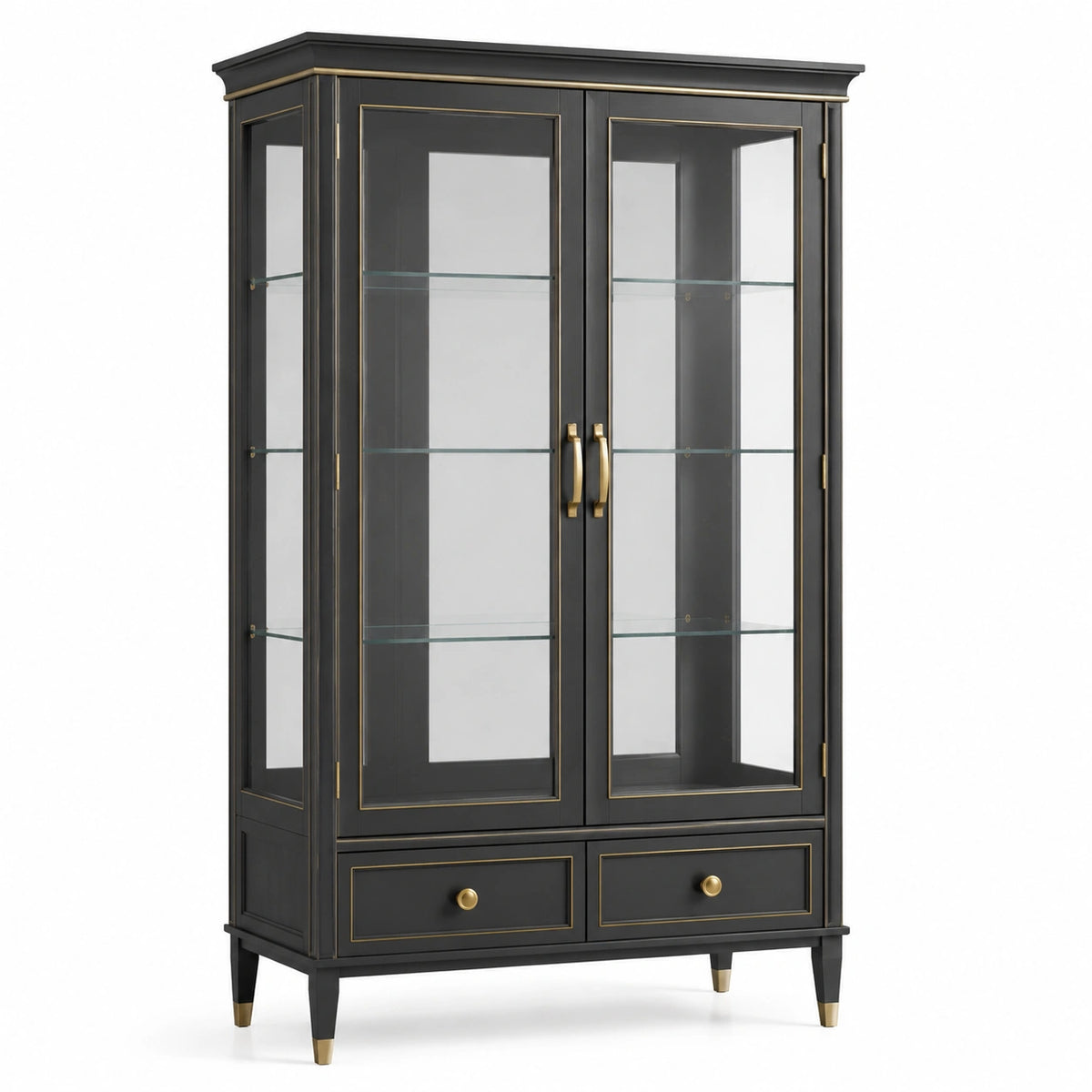 Vitrinenschrank Schwarz und Gold, 110 × 42 × 190 cm, mit 2 Glastüren, Glasböden und 2 Schubladen