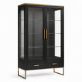 Vitrinenschrank aus Holzwerkstoff, Glas und Metall, Schwarz/Goldfarben/Transparent, 100 × 40 × 180 cm, 2 Türen und 2 Schubladen