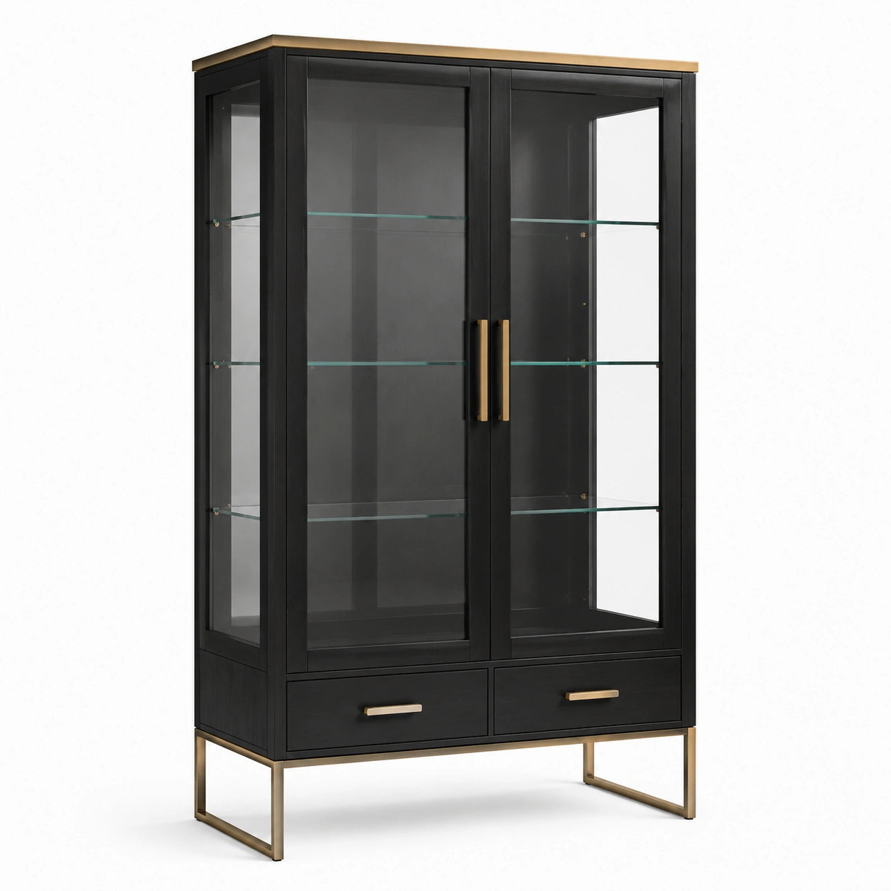 Vitrinenschrank aus Holzwerkstoff, Glas und Metall, Schwarz/Goldfarben/Transparent, 100 × 40 × 180 cm, 2 Türen und 2 Schubladen