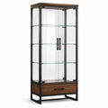Glasvitrine mit 2 Glastüren, 3 Glasböden und Schublade, 80 × 40 × 180 cm, Braun/Schwarz/Transparent