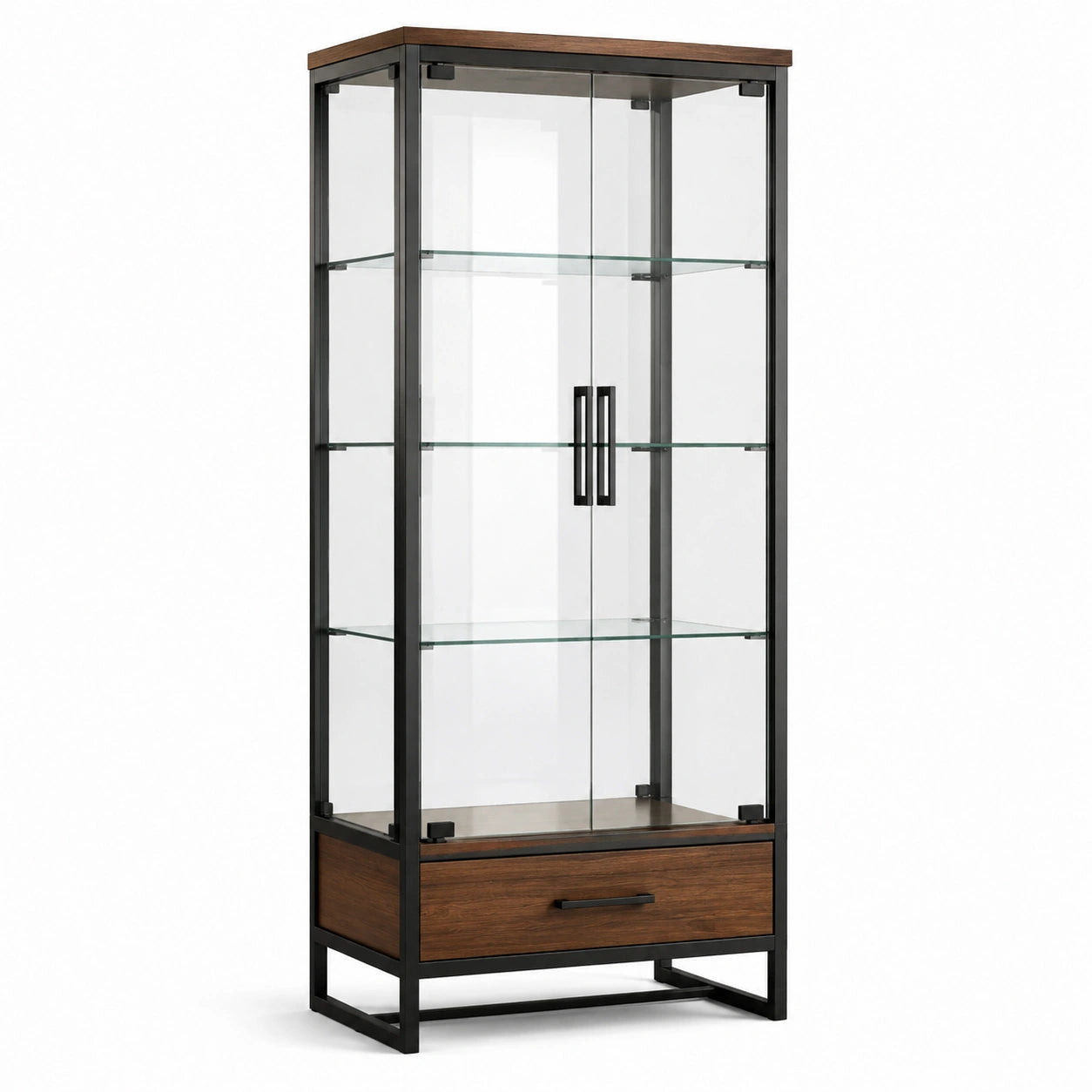 Glasvitrine mit 2 Glastüren, 3 Glasböden und Schublade, 80 × 40 × 180 cm, Braun/Schwarz/Transparent