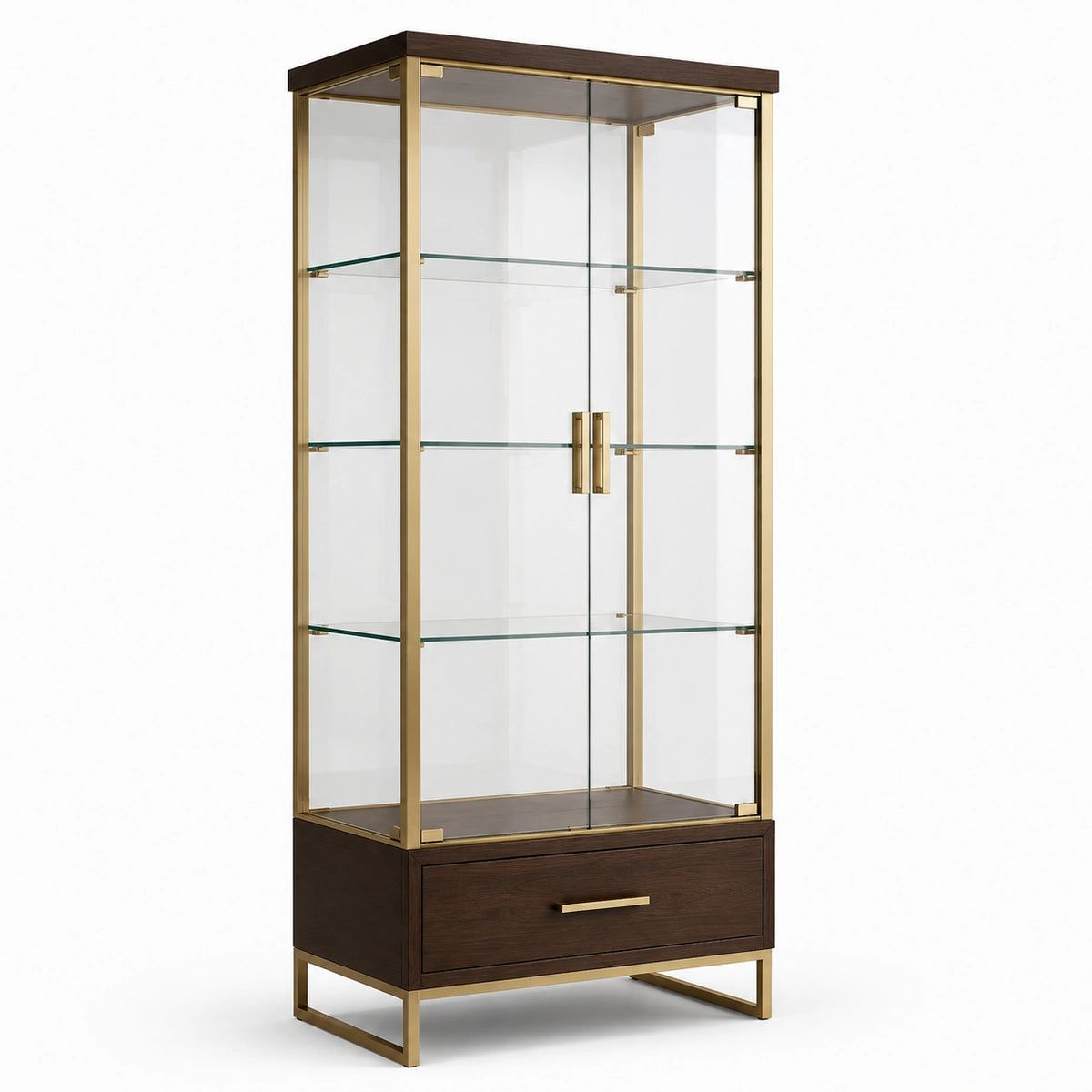 Vitrinenschrank mit 3 Glasböden und Schublade, 85 × 40 × 190 cm, Dunkelbraun/Gold/Transparent