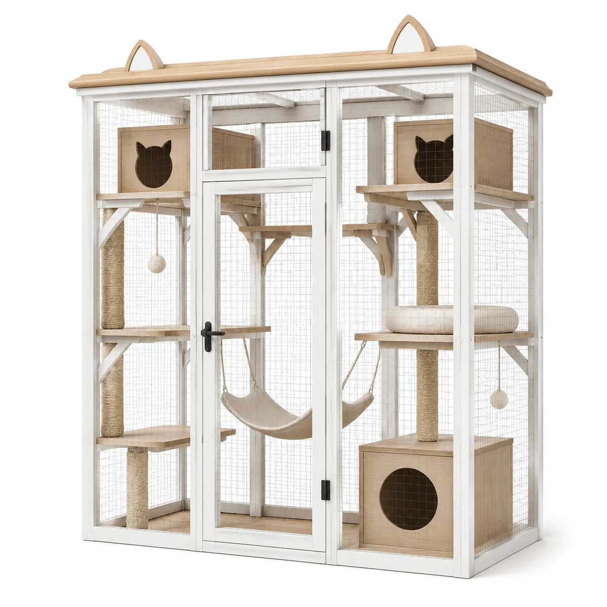 Katzengehege aus Holz und Metallgitter mit Kletterelementen, 180 × 100 × 190 cm, Weiß/Natur/Beige/Schwarz