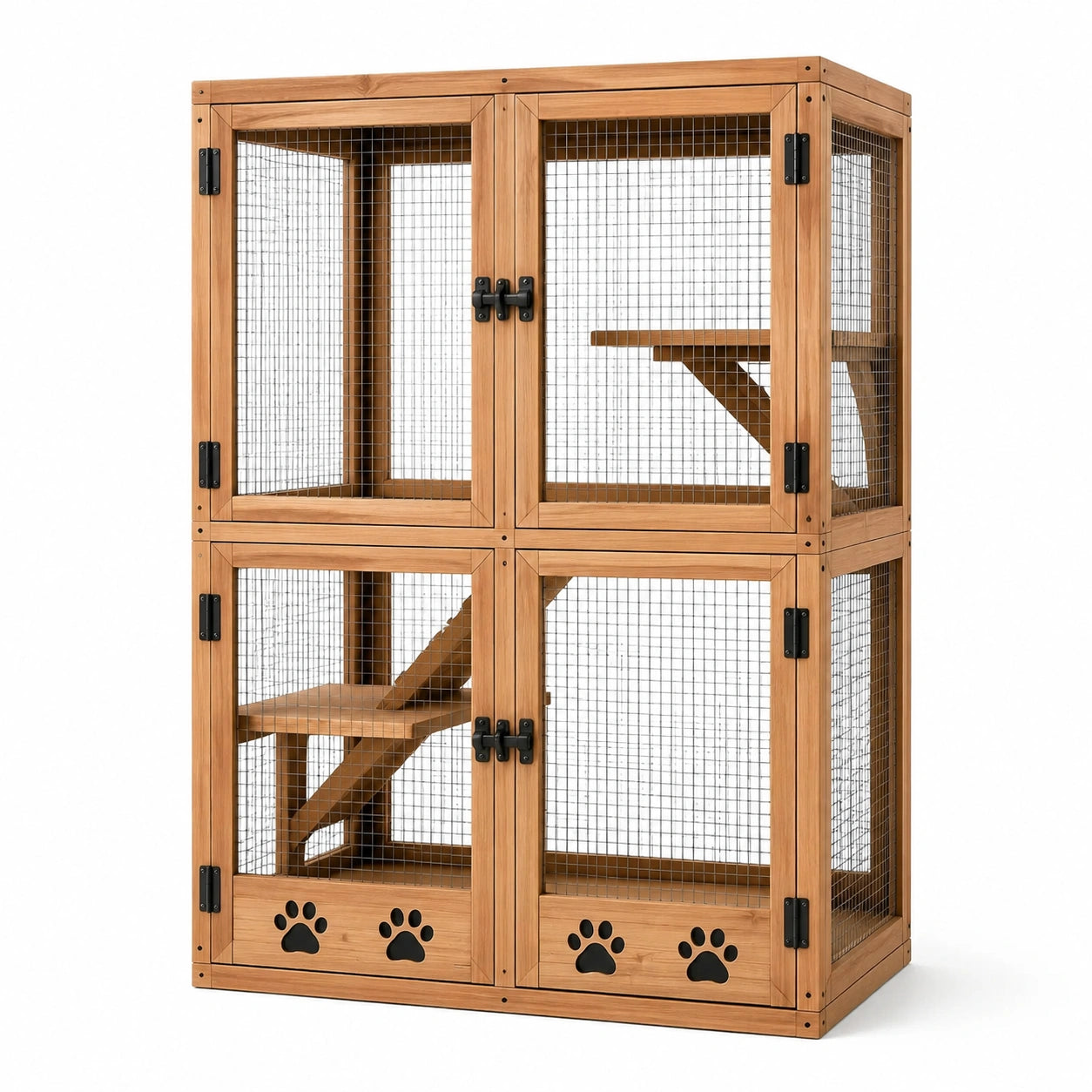 Mehrstöckiges Katzengehege aus Holz und Metallgitter, Braun/Schwarz, 120 × 60 × 170 cm, mit 4 Türen, Plattformen und Rampen