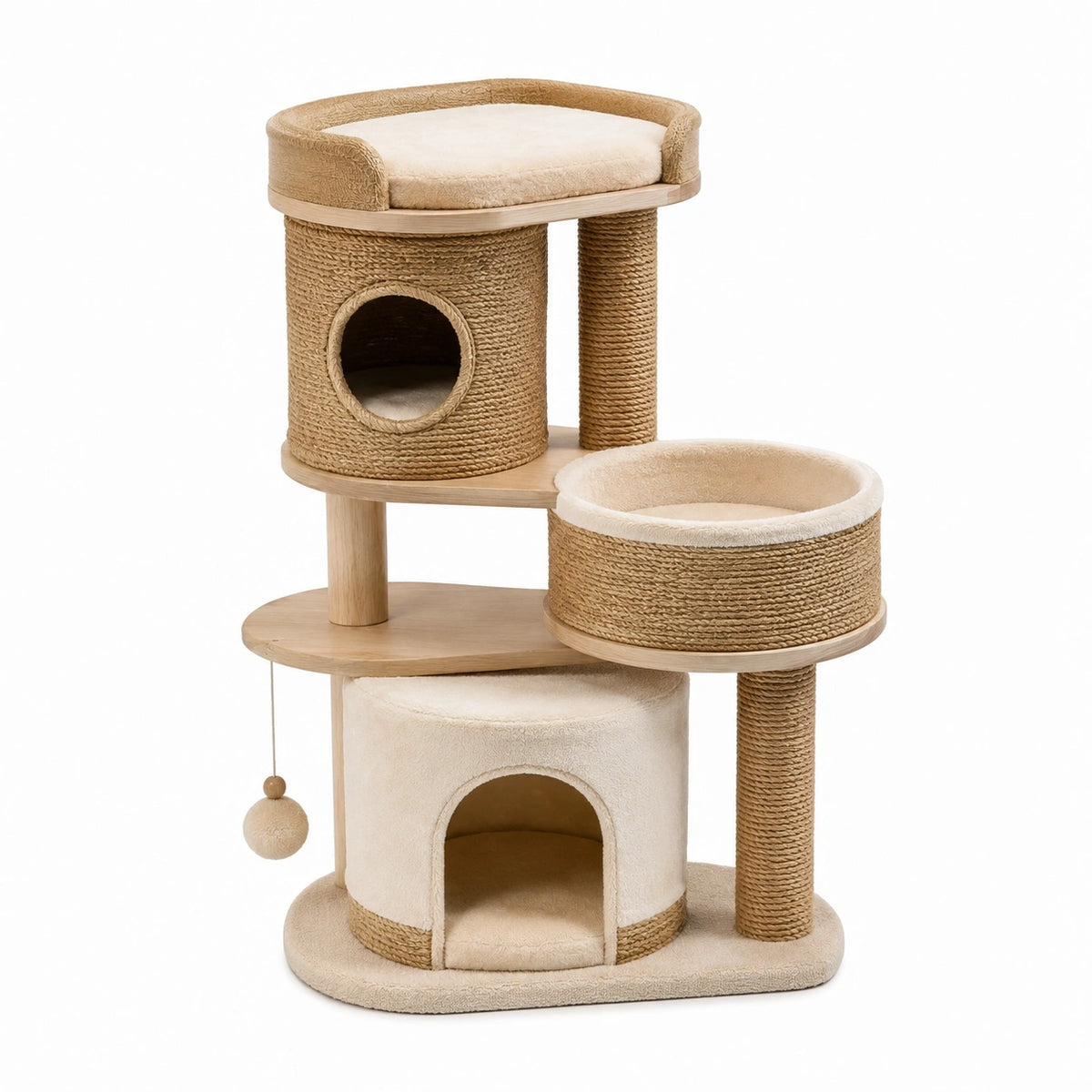 Katzenbaum Beige/Braun, 60 x 45 x 100 cm, mit Sisal-Kratzsäulen, zwei Höhlen und Liegeflächen