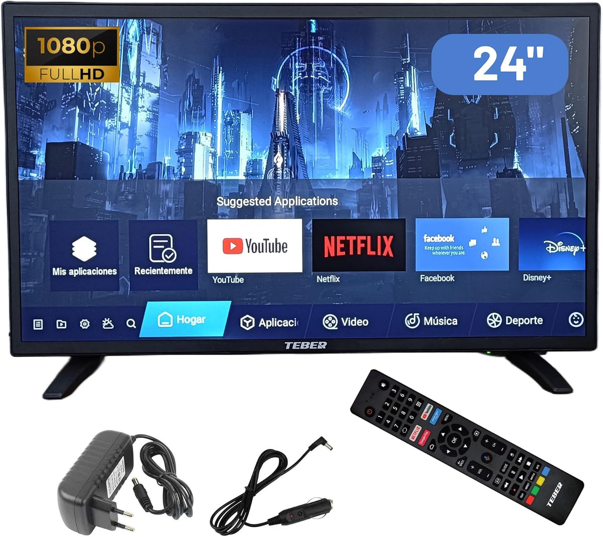 Telewizor Smart TV TEBER – V/24, 24 V, 24 cali, 5 W – Czarny, Bluetooth, pilot zdalnego sterowania, Smart TV V – 1920 × 1080, DVB- S2, Full HD