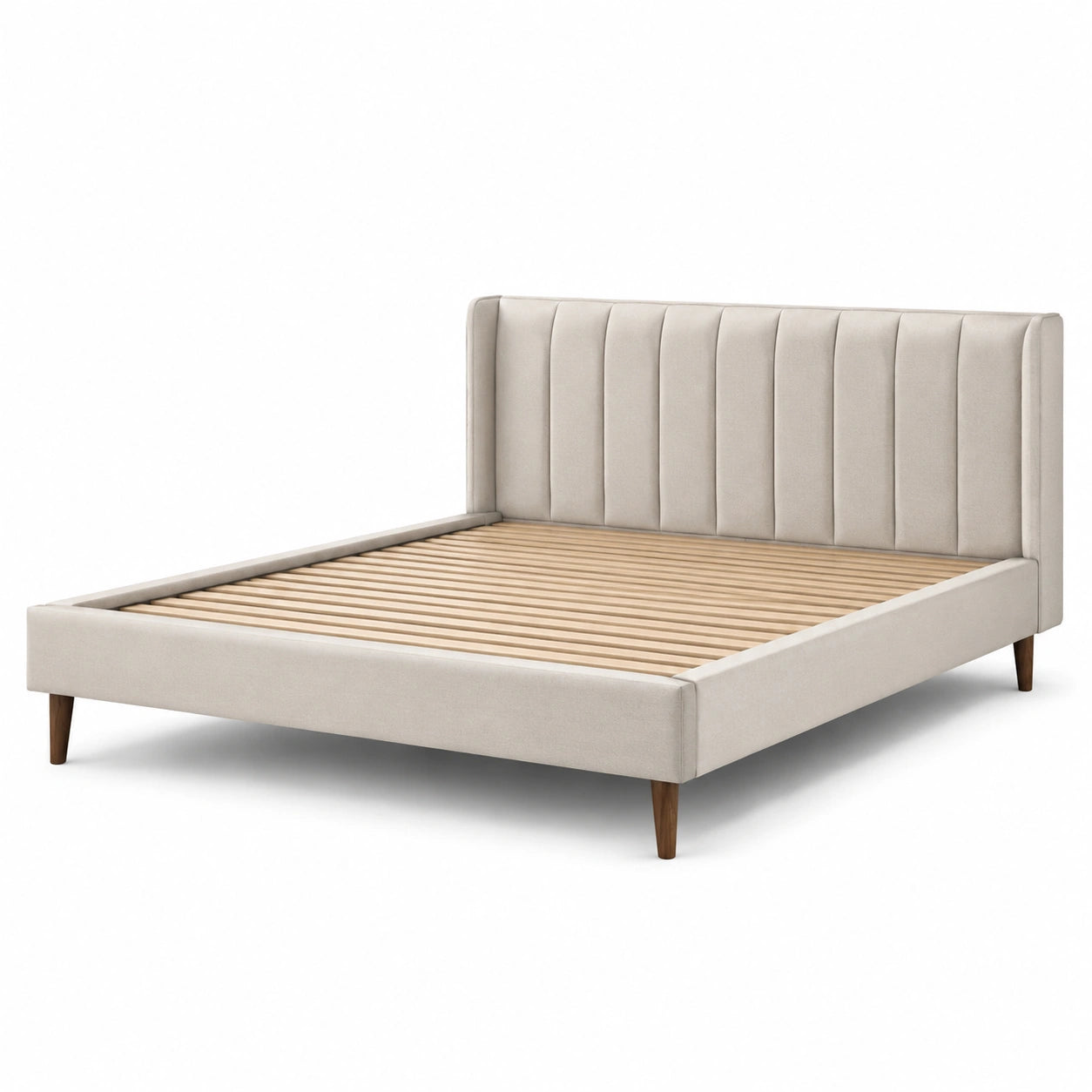 Modernes Polsterbett in Beige/Braun, 180 × 200 cm, mit hohem Kopfteil und Holzlattenrost