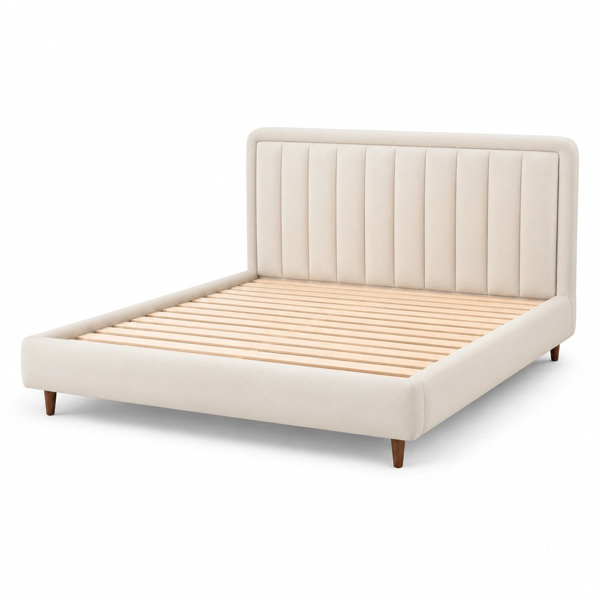 Gepolstertes Bett 160 × 200 cm, Gesamtmaß 218 × 176 × 110 cm, Beige mit braunen Holzfüßen und naturfarbenem Lattenrost