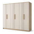 Sechstüriger Kleiderschrank mit Rillenfronten, 240 × 55 × 220 cm, Beige/Natur/Goldfarben