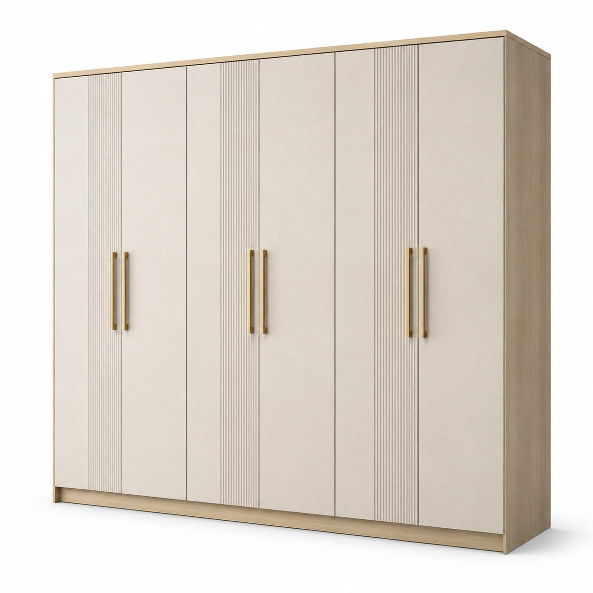 Sechstüriger Kleiderschrank mit Rillenfronten, 240 × 55 × 220 cm, Beige/Natur/Goldfarben