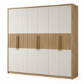 Kleiderschrank mit 6 Drehtüren und Rillenoptik, 270 × 60 × 220 cm, Beige/Eichefarben/Goldfarben