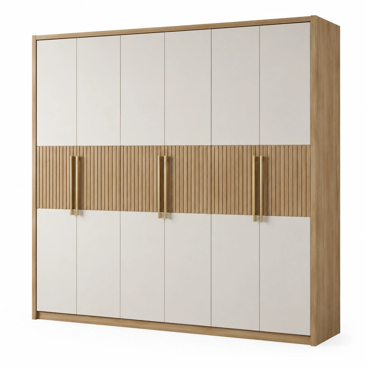 Kleiderschrank mit 6 Drehtüren und Rillenoptik, 270 × 60 × 220 cm, Beige/Eichefarben/Goldfarben