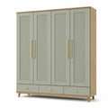 Kleiderschrank mit 4 Türen und 3 Schubladen, Salbeigrün/Eichefarben/Goldfarben, 200 x 55 x 210 cm