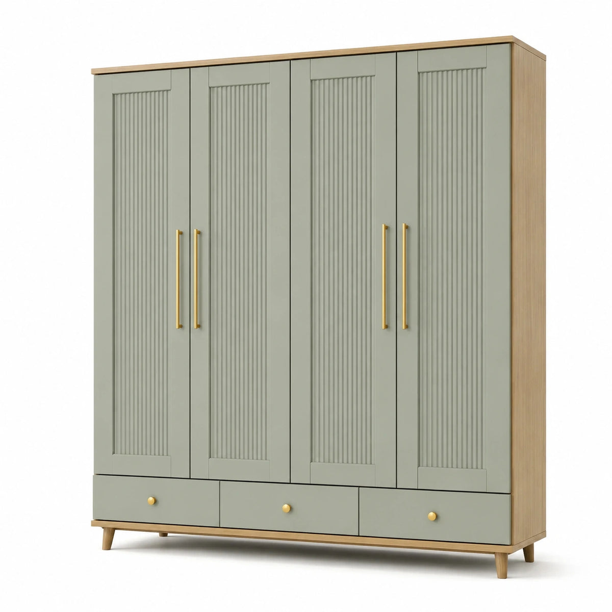 Kleiderschrank mit 4 Türen und 3 Schubladen, Salbeigrün/Eichefarben/Goldfarben, 200 x 55 x 210 cm