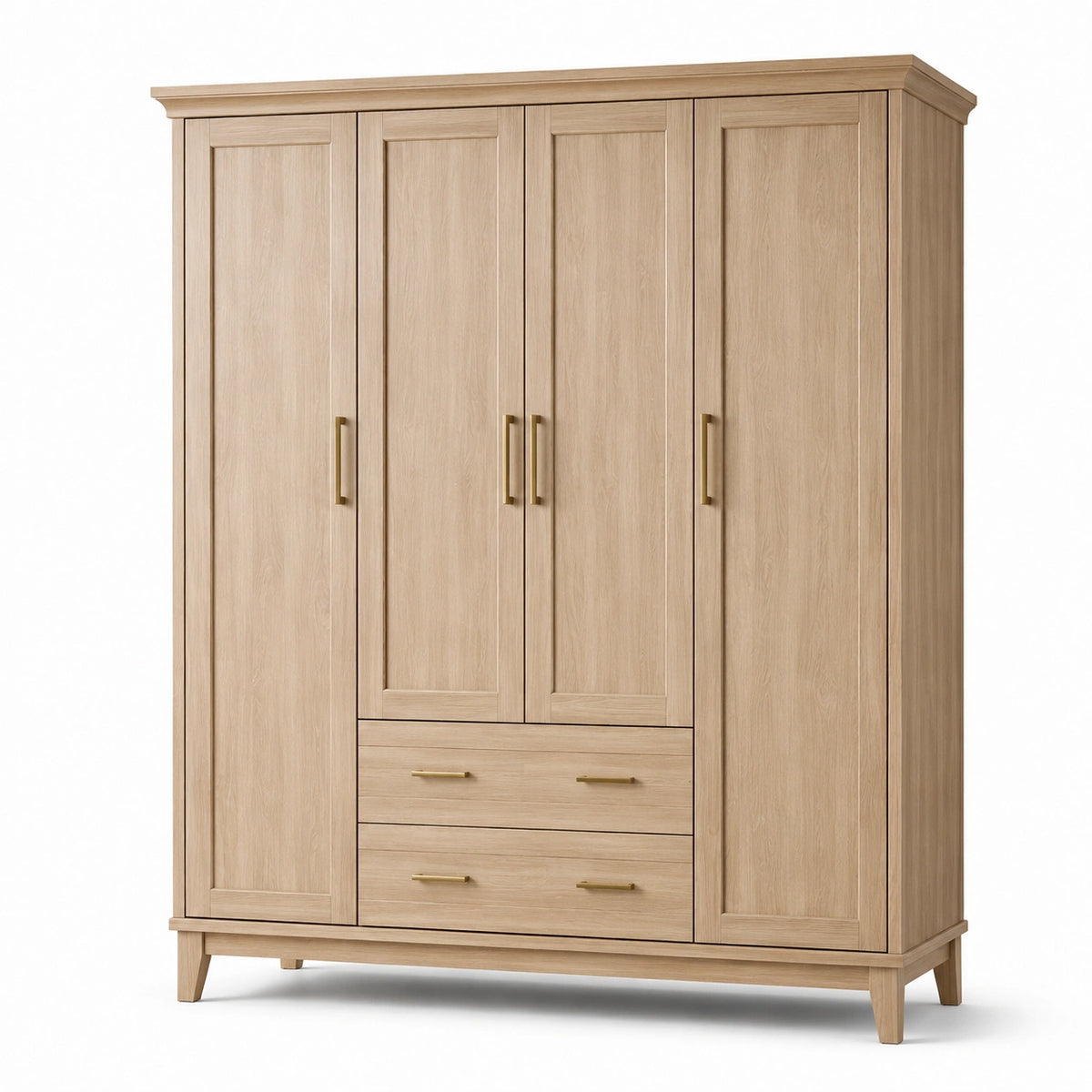 Kleiderschrank in Hellbraun und Gold, 180 × 55 × 210 cm, 4 Türen und 2 Schubladen, Landhausstil