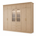 Kleiderschrank in Naturholzoptik mit goldfarbenen Griffen, 280 × 60 × 240 cm, 12 Türen, 3 Schubladen und geriffelten Glaseinsätzen