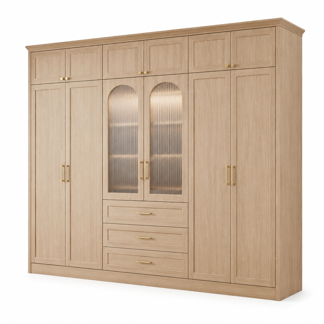 Kleiderschrank in Naturholzoptik mit goldfarbenen Griffen, 280 × 60 × 240 cm, 12 Türen, 3 Schubladen und geriffelten Glaseinsätzen