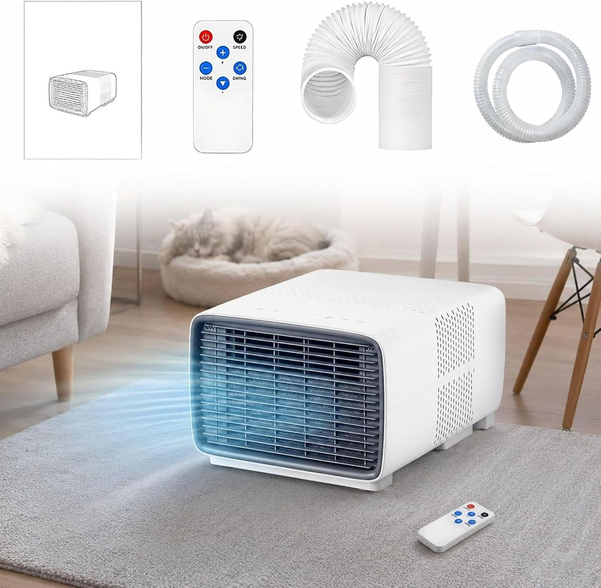 Huachorial Klimatyzator, 280 W – 45 dB, 2700 BTU, Biały, 3 w 1 – przenośne, zegar, cichy, 3 w 1 Wentylacja odwilżająca