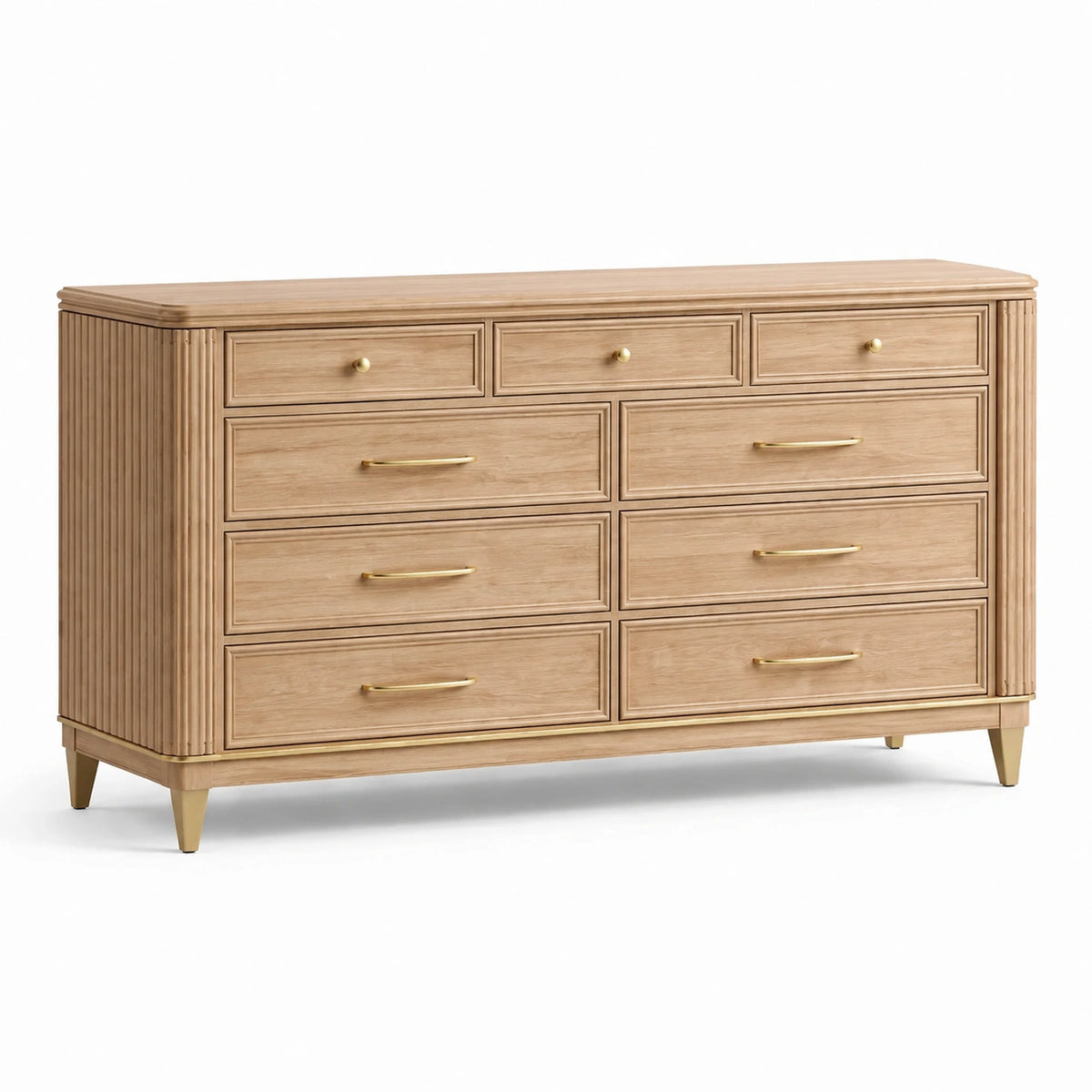 Kommode mit 9 Schubladen, Naturfarben/Gold, 160 × 45 × 90 cm, klassischer Stil