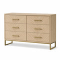 Kommode mit 6 Schubladen und Chevron-Muster, 120 × 40 × 85 cm, Naturholz/Gold