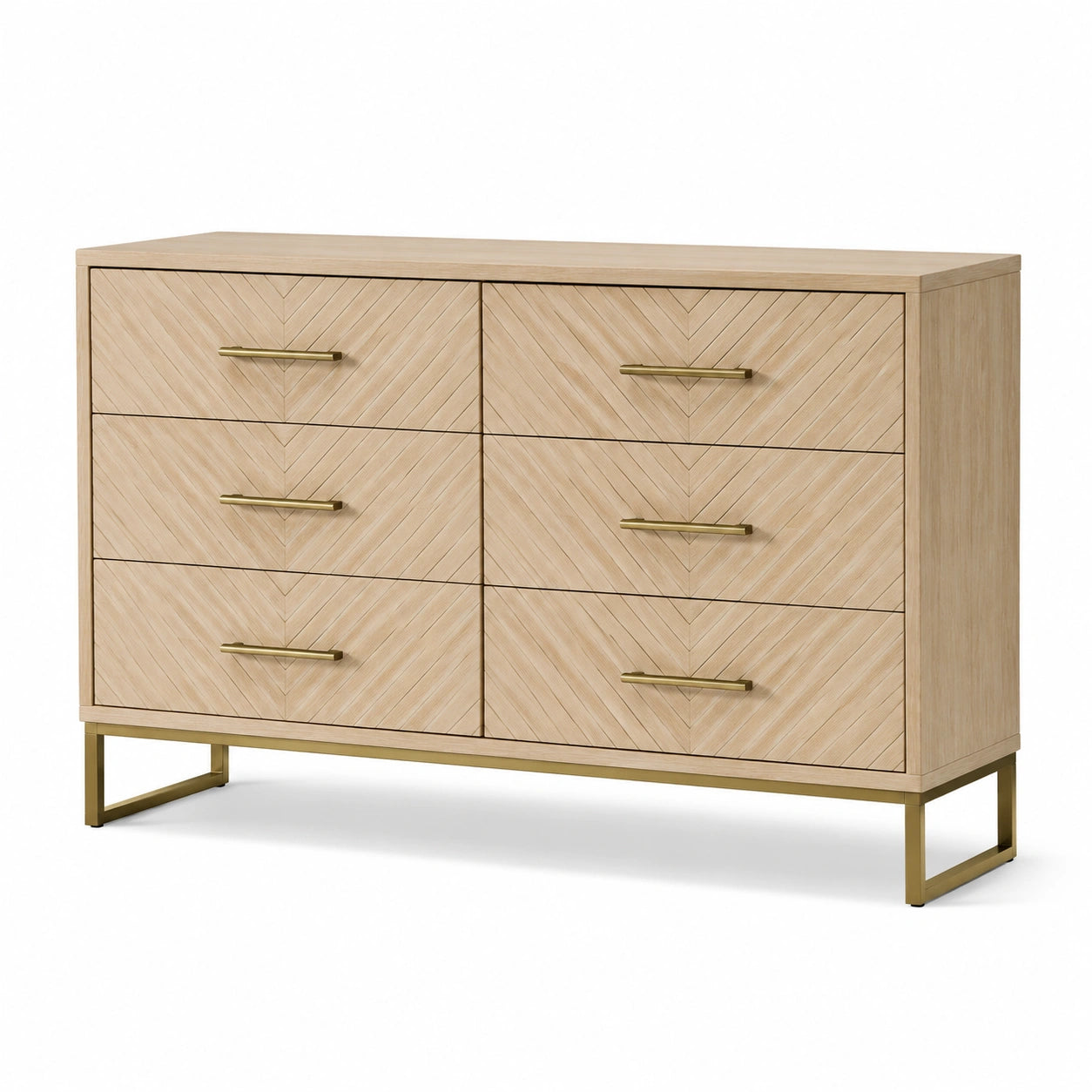 Kommode mit 6 Schubladen und Chevron-Muster, 120 × 40 × 85 cm, Naturholz/Gold