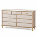 Kommode mit 9 Schubladen, 150 × 45 × 95 cm, Beige/Creme/Gold, Holzwerkstoff, moderner Glamour-Stil