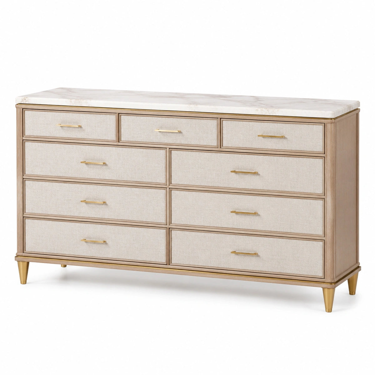 Kommode mit 9 Schubladen, 150 × 45 × 95 cm, Beige/Creme/Gold, Holzwerkstoff, moderner Glamour-Stil