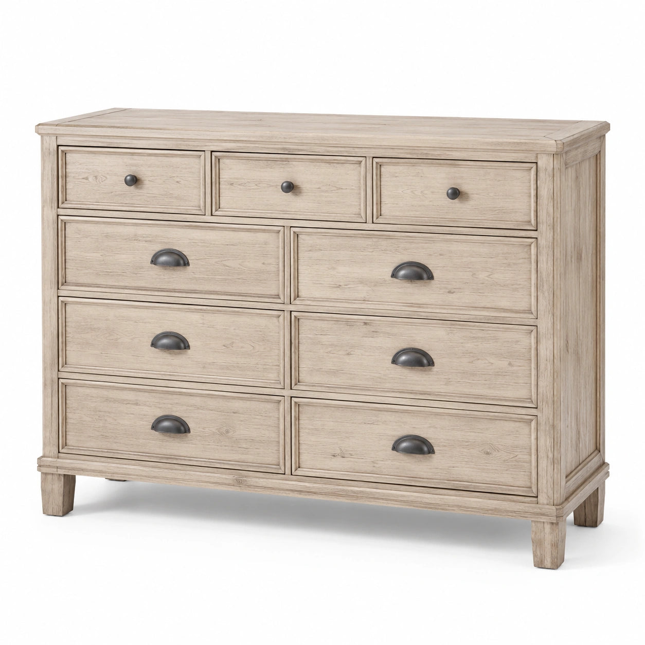 Kommode im Landhausstil mit 9 Schubladen, Holzwerkstoff, Hellbraun/Anthrazit, 140 × 45 × 105 cm