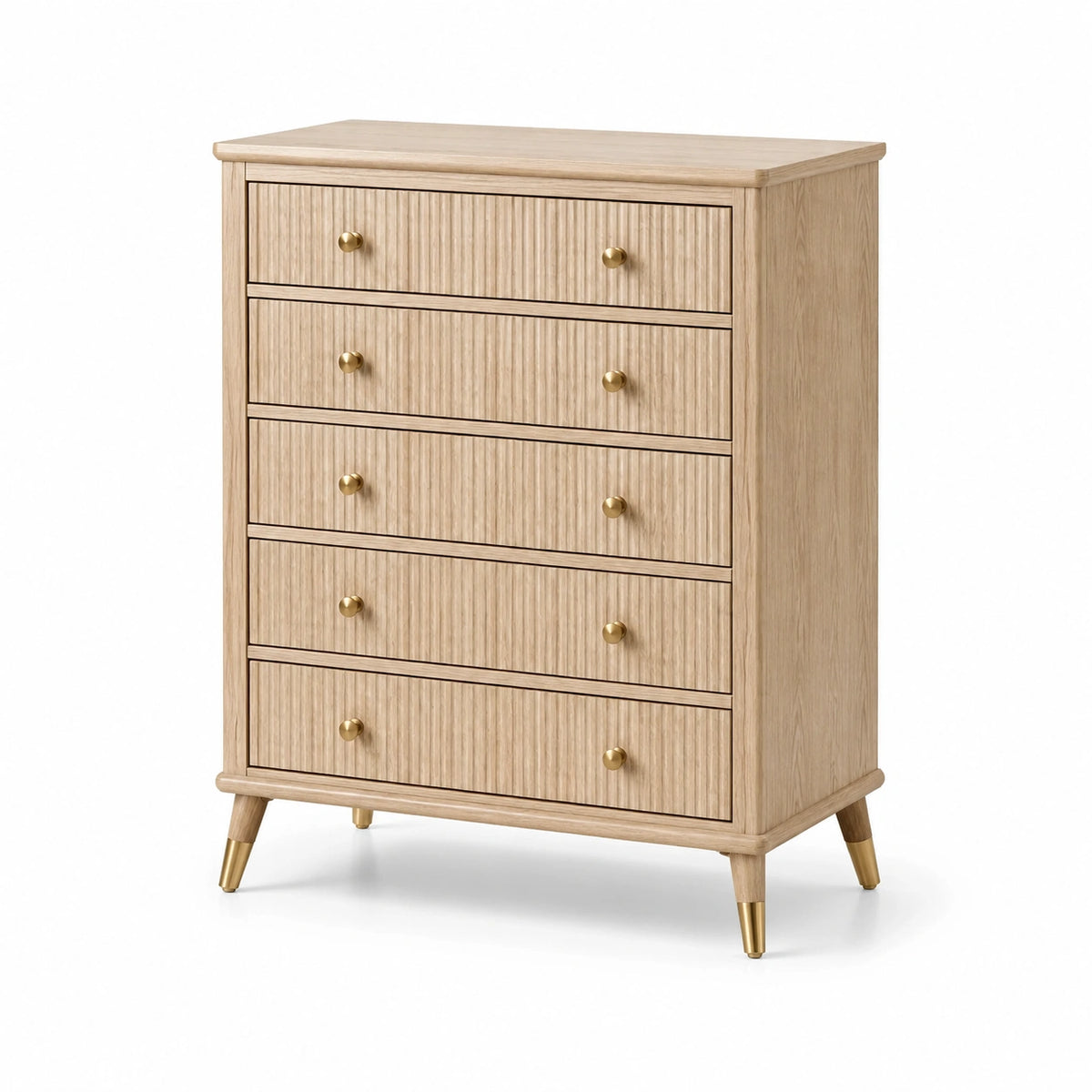 Hohe Kommode aus Holzwerkstoff mit 5 Schubladen und Rillenfronten, Natur/Gold, 80 × 40 × 110 cm