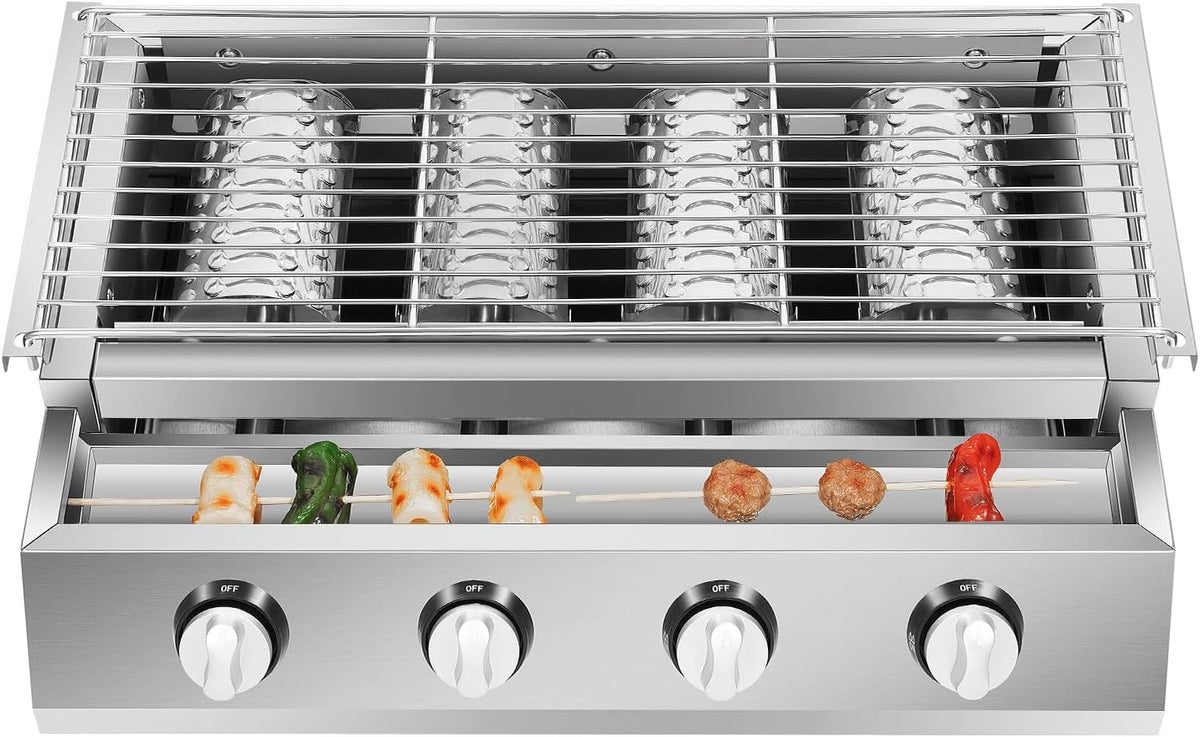 Grill Garbenat, 56 x 23 cm, Srebrny – 4 barbecue gazowy ze stali nierdzewnej, Mały przenośny z 4 płytami stalowymi, Do kempingu