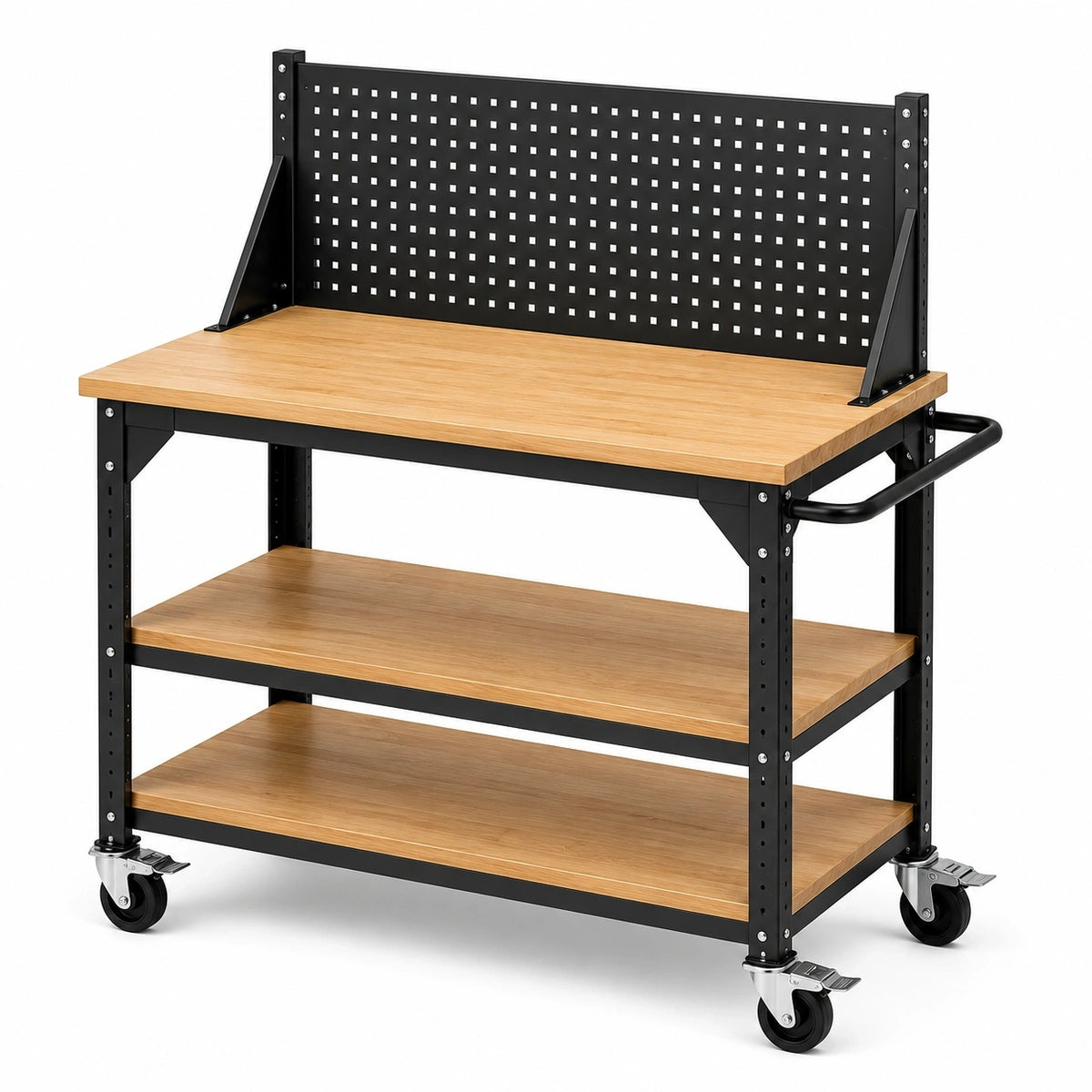 Mobiler Werkstattwagen mit Lochwand und 3 Ablageflächen, Stahl und Holzwerkstoff, Schwarz/Natur, 120 × 60 × 150 cm