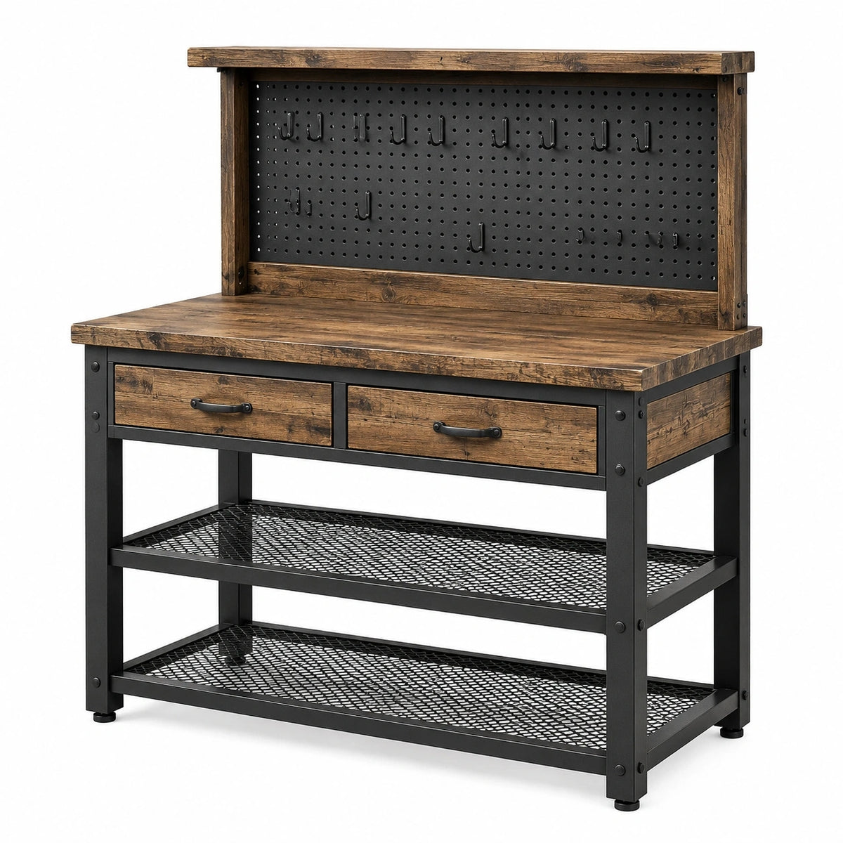 Werkbank mit Lochwand, 2 Schubladen und 2 Gitterablagen, Holzwerkstoff und Stahl, 120 × 60 × 150 cm, Braun/Schwarz