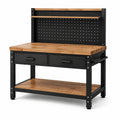 Werkbank aus Stahl und Holz mit Lochwand, 2 Schubladen und Ablagen, 120 × 60 × 155 cm, Schwarz/Braun