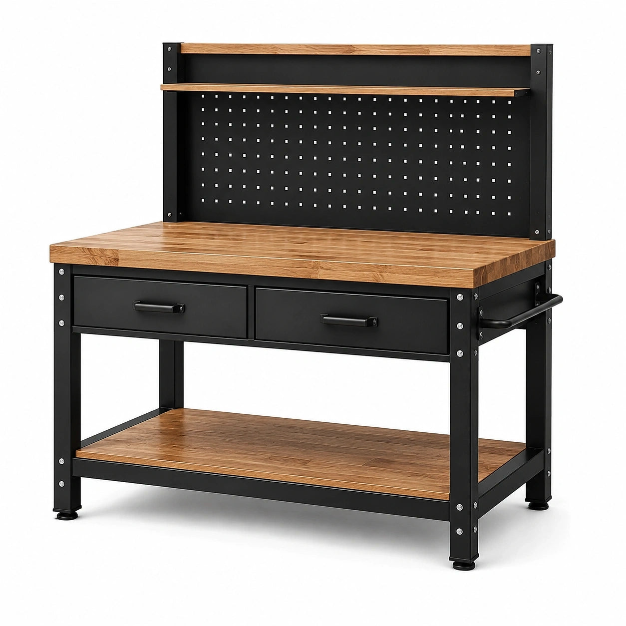 Werkbank aus Stahl und Holz mit Lochwand, 2 Schubladen und Ablagen, 120 × 60 × 155 cm, Schwarz/Braun