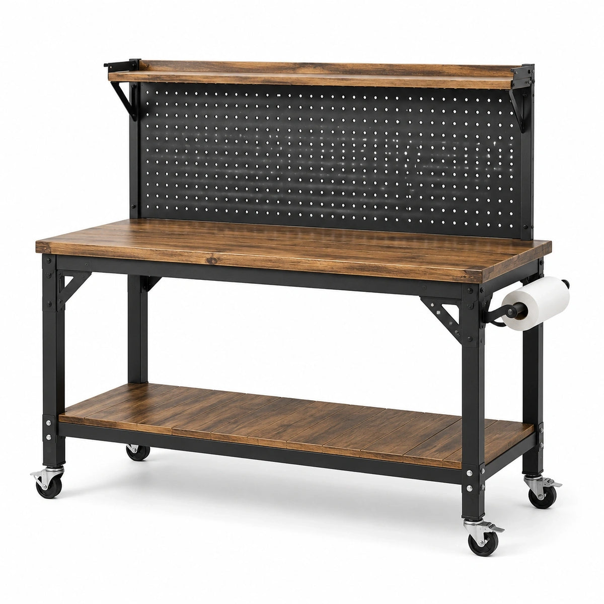 Mobile Werkbank mit Lochwand, Ablagen, Rollen und Papierrollenhalter, 120 × 60 × 150 cm, Braun/Schwarz