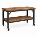 Mobile Werkbank aus Holz und Stahl mit Ablageboden und feststellbaren Rollen, Braun/Schwarz, 120 × 60 × 90 cm