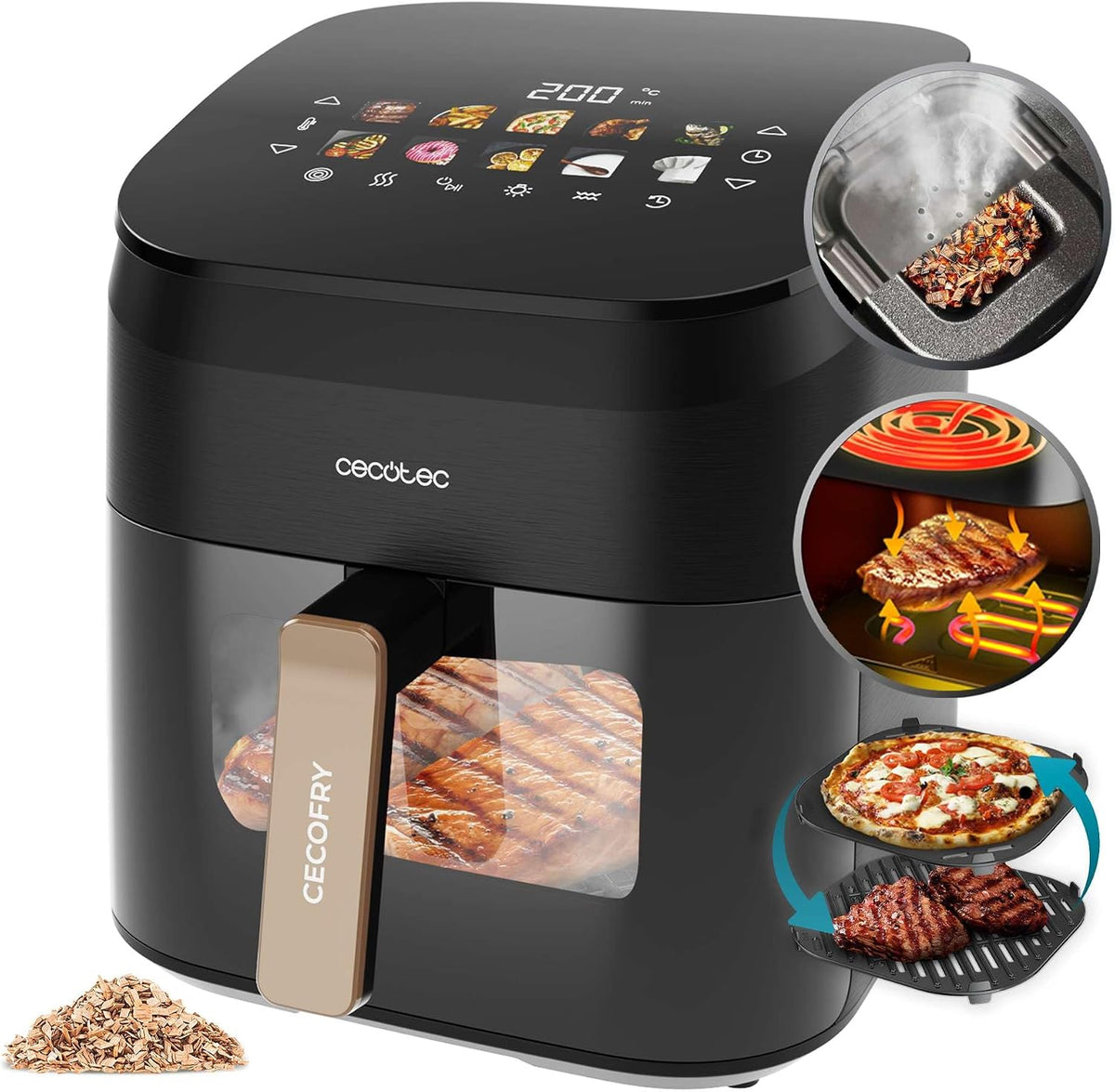 Frytkownica beztłuszczowa Cecotec – air fryer, 3 W, Czarny, funkcja grilla – 3 w 1, Frytkownica, grill, pizza – Meat and Pizza Przygotowanie