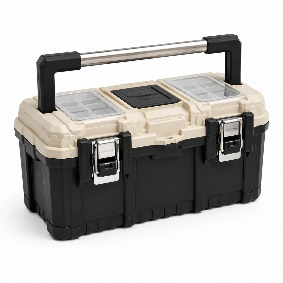 Tragbarer Werkzeugkoffer mit Deckelfächern, 56 × 29 × 32 cm, Schwarz/Beige/Silber